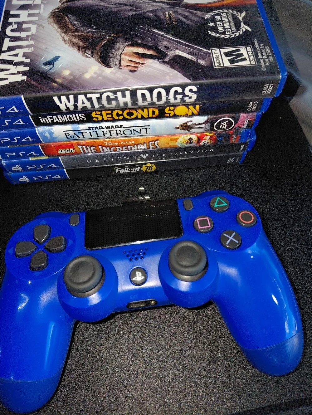 Sony PS4 Slim in Black with Bright Blue DualShock Controller and Game Bundle